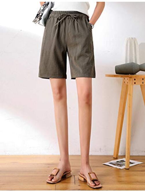 Yimoon Women’s Casual Drawstring Elastic Waist Cotton Linen Knee Length Bermuda Shorts