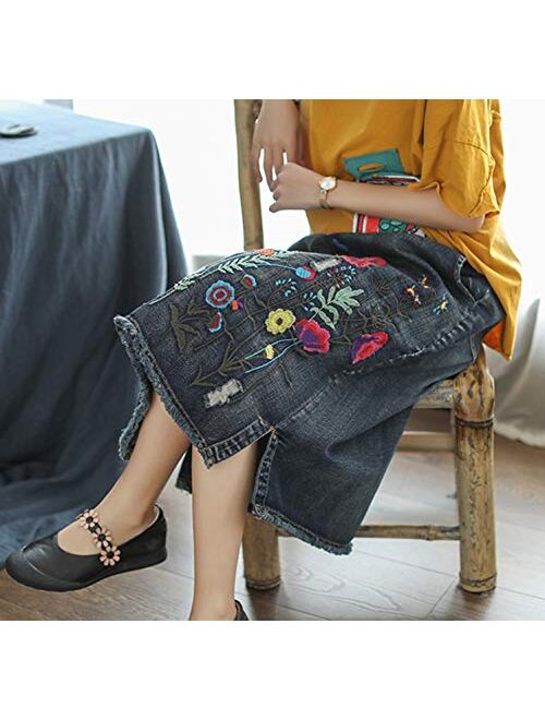 Yimoon Women's Ethnic Loose Pockets Embroidered Denim Midi Skirt with Elastic Waist