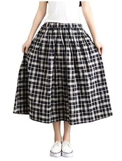 Yimoon Women's Retro Plaid Pleated Swing Midi Skirt
