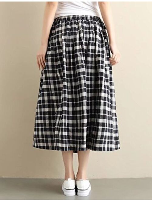 Yimoon Women's Retro Plaid Pleated Swing Midi Skirt