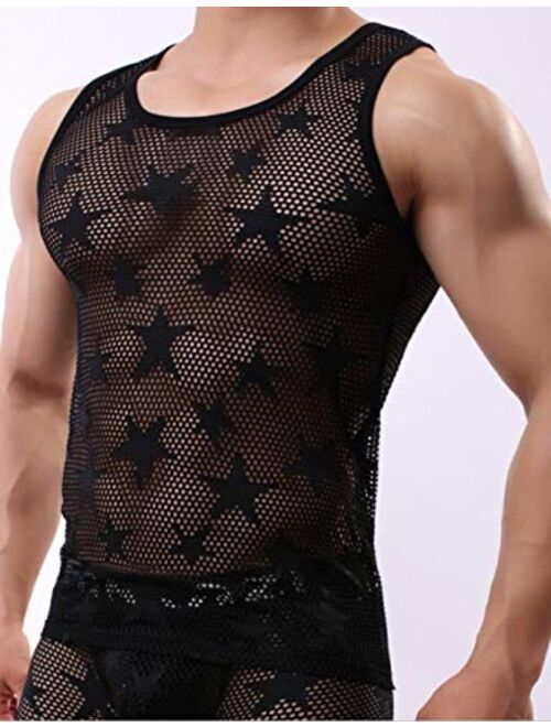 Yimoon Men's Mesh Fishnet Fitted Muscle Tank Top Star Mesh Transparent Tank Top Shirt