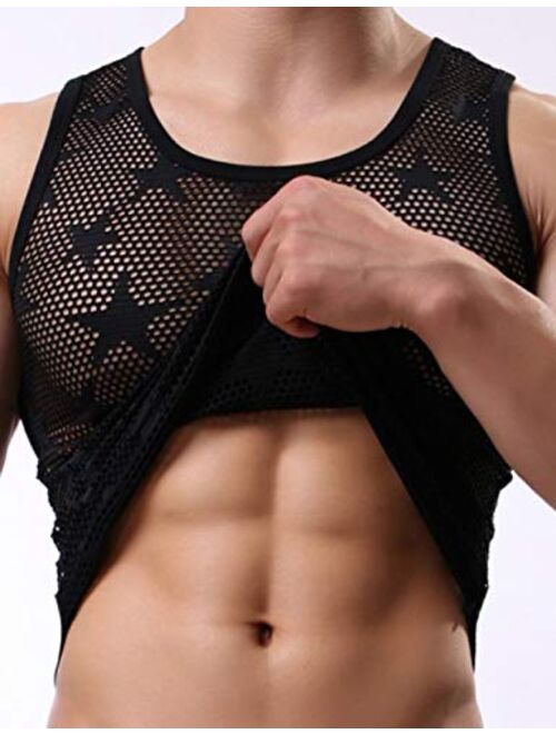 Yimoon Men's Mesh Fishnet Fitted Muscle Tank Top Star Mesh Transparent Tank Top Shirt