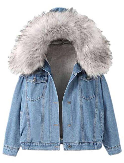 Yimoon Women's Fleece Lined Short Denim Trucker Jacket Jean Coat with Fur Hood