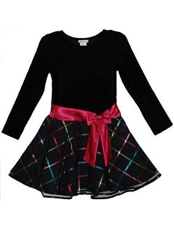 Girls Black Velvet Fuchsia Sash Plaid Skirt Dress, 7-16