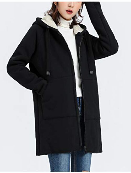 Yimoon Women’s Casual Sherpa Fleece Lined Zip Up Tunic Hooded Sweatshirts Jacket