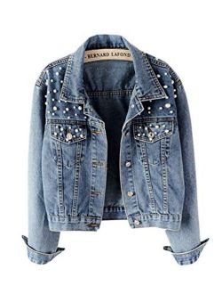 Yimoon Women’s Rivet Pearl Short Denim Jacket Long Sleeve Blue Jean Jacket