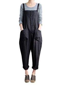Yimoon Women's Soft Linen Baggy Bib Overalls Wide Leg Loose Overall Harem Pants (1# Black, Medium)