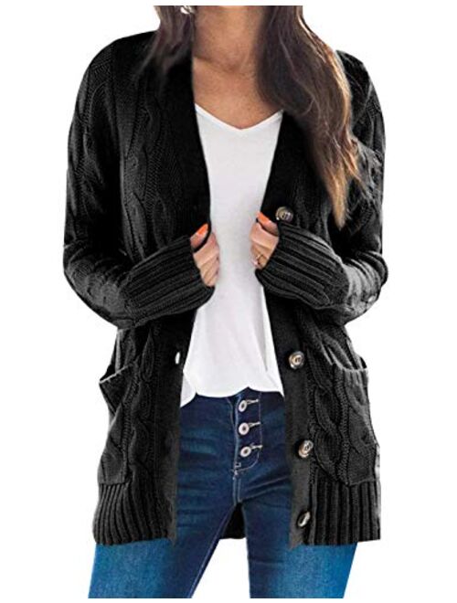 Yimoon Women's Loose Button Front Solid Color V Neck Cable Knit Cardigan Sweater