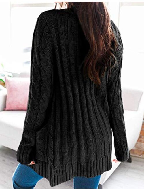 Yimoon Women's Loose Button Front Solid Color V Neck Cable Knit Cardigan Sweater