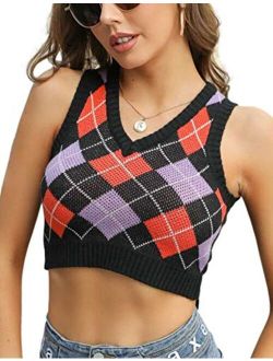 Yimoon Women's Fashion Argyle V Neck Sleeveless Sweater Vest Knitted Crop Top
