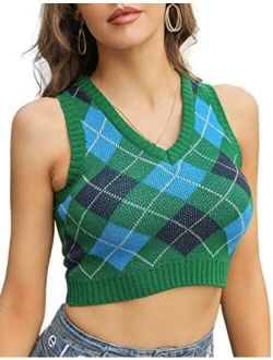 Yimoon Women's Fashion Argyle V Neck Sleeveless Sweater Vest Knitted Crop Top