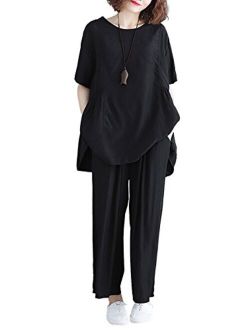Yimoon Women's Short Sleeve Loose Crop Tops High Waisted Wide Leg Pants 2 Piece Outfit Jumpsuit