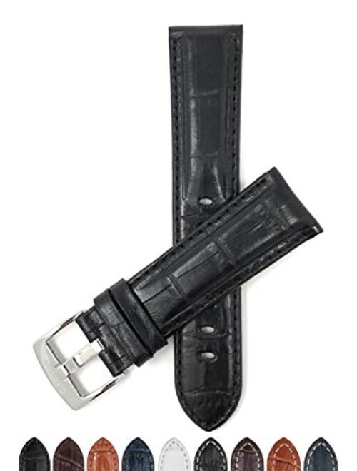Mens Leather Watch Band Strap - Alligator Pattern - with or Without Stitch - 5 Colors - 18mm to 38mm (Most Sizes Also Come in Extra Long XL)