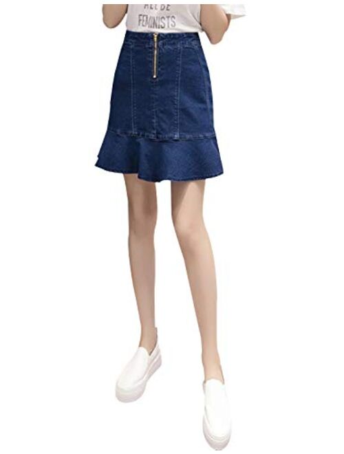Yimoon Women's Sweet High Waist Ruffle Hem Mini Denim Fishtail Skirt