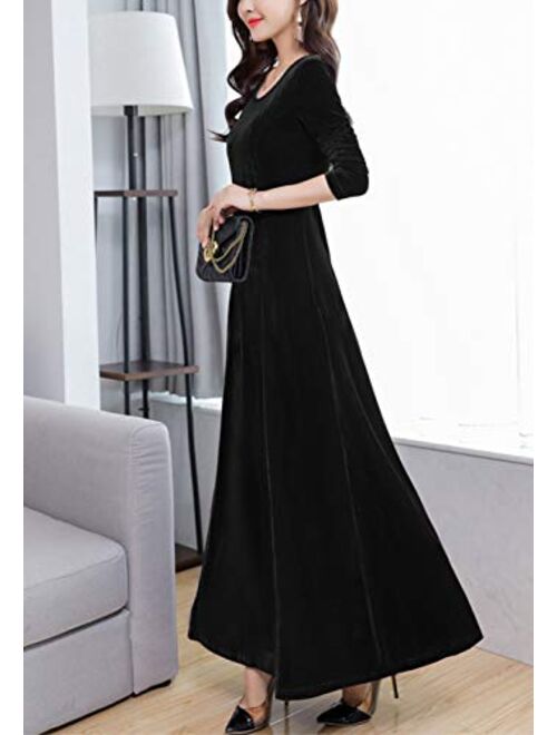 Women's Crewneck Long Velvet Dresses Maxi Formal Evening Dresses