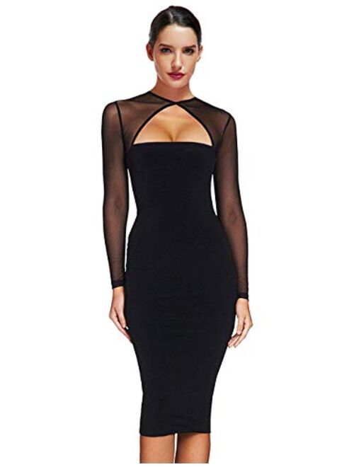 Maketina Women Midi Length Cut Out Keyhole Party Bodycon Bandage Dress with Transparent Long Sleeves