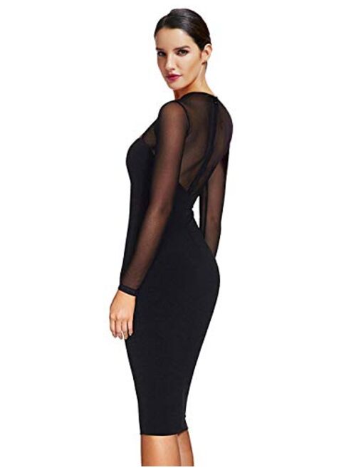 Maketina Women Midi Length Cut Out Keyhole Party Bodycon Bandage Dress with Transparent Long Sleeves