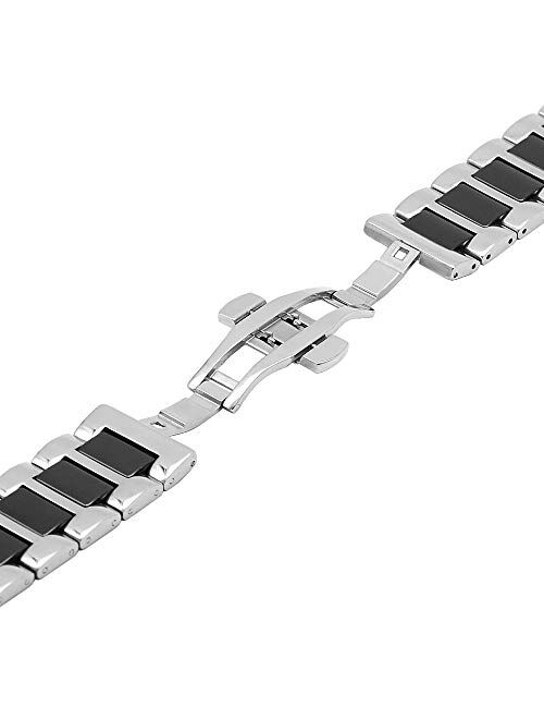 Juntan Glossy Black Brown Blue Green Pink Two Tone 20mm 22mm Silver Stainless Steel Ceramic Watch Band for Men Women Metal Watch Strap with Folding Clasp Butterfly Buckle