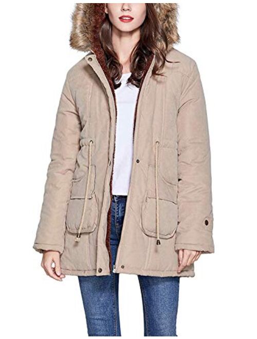 Yimoon Women's Winter Mid Long Warm Zipper Thicken Fleece Lined Hooded Coat Parkas with Pockets