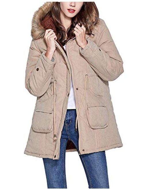 Yimoon Women's Winter Mid Long Warm Zipper Thicken Fleece Lined Hooded Coat Parkas with Pockets