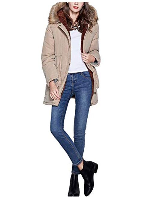 Yimoon Women's Winter Mid Long Warm Zipper Thicken Fleece Lined Hooded Coat Parkas with Pockets