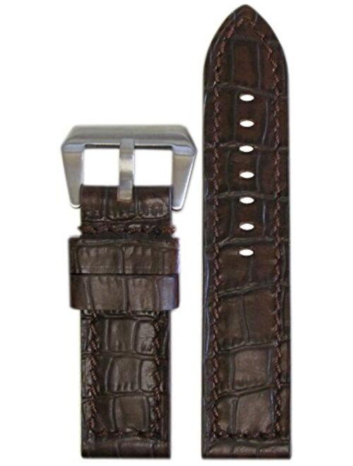 22mm Panatime Dark Brown Natural Vintage Genuine Leather Gator Watch Band with Match Stitch 125/75