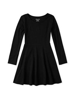 Girls' Big Solid Long Sleeve Pleated Knit Dress