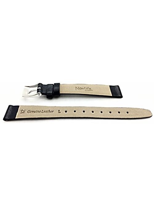 12mm Long, Black, Flat, Elegant Calfskin Leather Watchband | Thin, Narrow Replacement Wrist Strap that brings New Life to Any Watch (Womens Long Length)