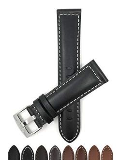 Mens Leather Watch Band Strap - White Stitch - 4 Colors - 18mm, 20mm, 22mm, 24mm, 26mm, 28mm, 30mm (Also in Extra Long XL)