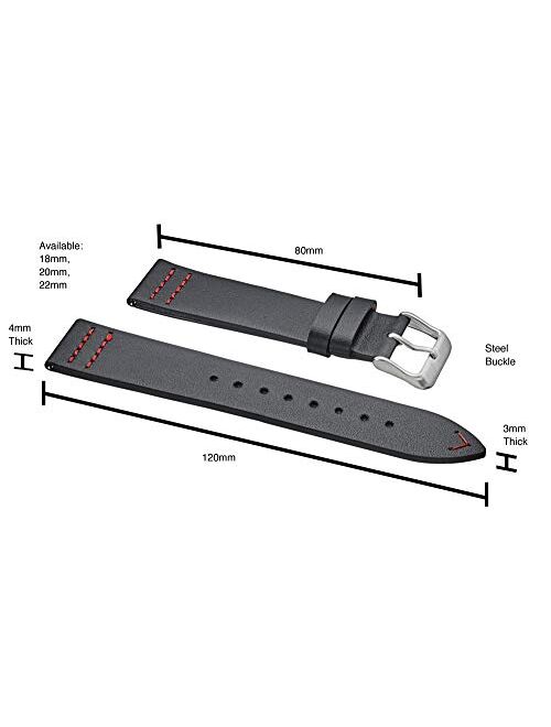 Alpine Flat Stitched Genuine Leather Watch Strap with Quick Release Spring Bars - Watch Band -Black, Burgundy, Blue, Grey - 18, 20, 22 mm