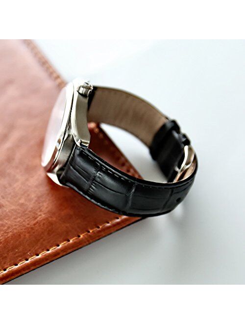 ODETOJOY 25mm Watch Band Black Genuine Leather Strap Brown Silver Steel Buckle Watchbands for Men