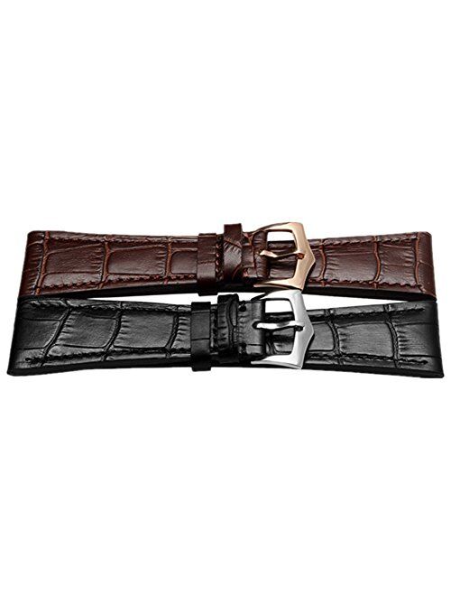 ODETOJOY 25mm Watch Band Black Genuine Leather Strap Brown Silver Steel Buckle Watchbands for Men