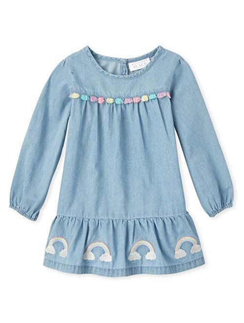 The Children's Place Girls' Baby and Toddler Embroidered Rainbow Chambray Dress