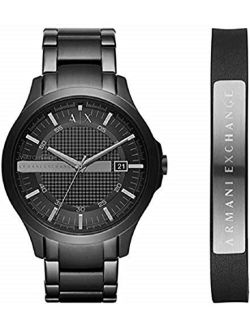 AX7101 Mens Dress Black Steel Bracelet Watch and Leather Bracelet Gift Set
