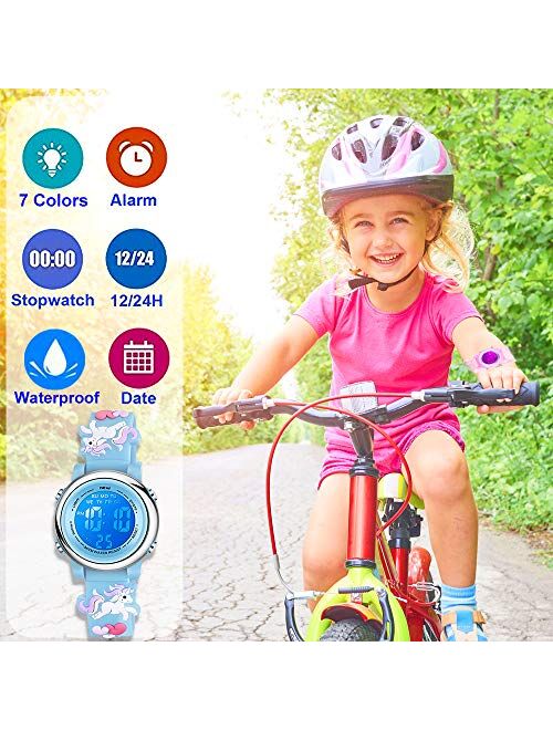 Venhoo Kids Watches 3D Cartoon Waterproof 7 Color Lights Toddler Digital Wrist Watch with Alarm Stopwatch Gifts for 3-10 Year Girls Little Child