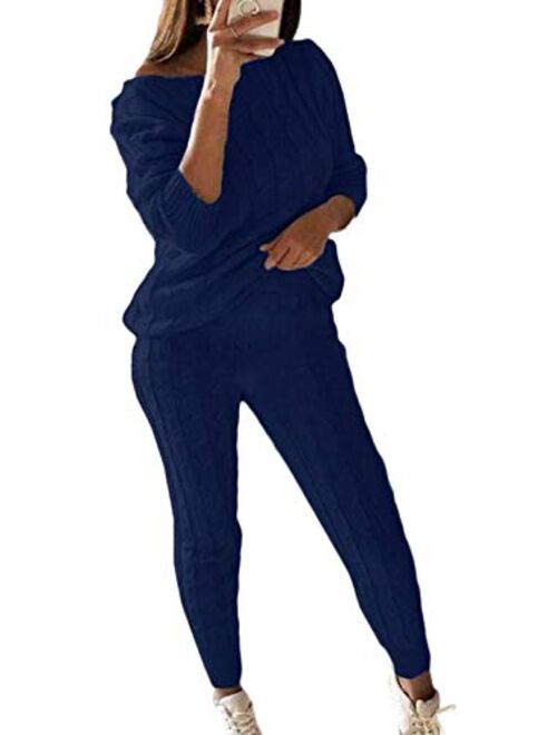 Women's Casual Solid 2 Piece knitted Tracksuit Long Sleeve Sweater Pullover Jogger Sweatpants Active knitted lounge set Navy Blue L