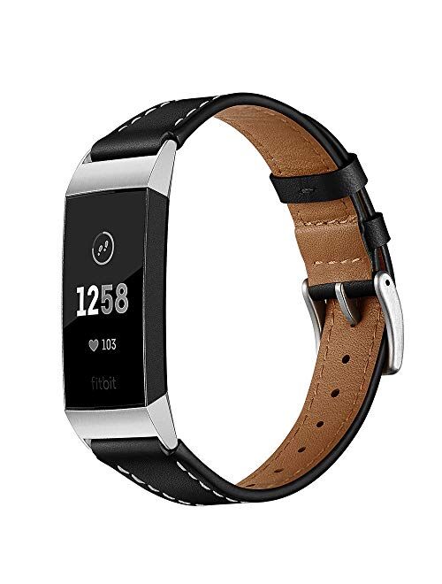 SEURE Leather Watch Band Compatible Fitbit Charge3/Charge 4 Replacement Band, Genuine Leather Quick Release Watch Band for Women Men 2 styles 4 colors Fitbit Charge3 Char