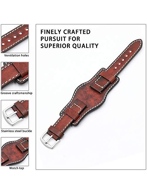 Onthelevel Leather Cuff Watch Strap 20mm 22mm 24mm Vintage Genuine Leather Watch Band with Mat for Men