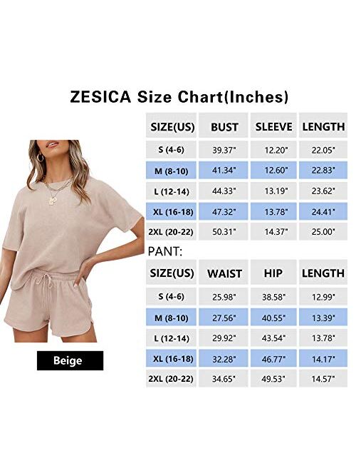 ZESICA Women's Waffle Knit Pajama Set Short Sleeve Top and Shorts Loungewear Athletic knitted lounge set
