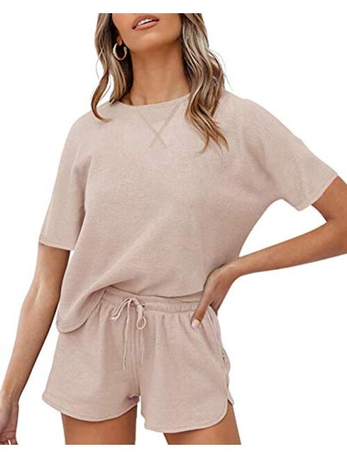 ZESICA Women's Waffle Knit Pajama Set Short Sleeve Top and Shorts Loungewear Athletic knitted lounge set