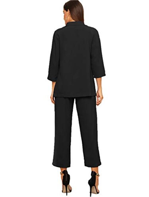 SheIn Women's 2 Piece Outfit Notched Neck 3/4 Sleeve Blazer and Wide Leg Belted Pants Set