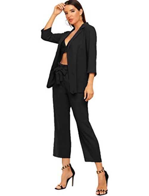 SheIn Women's 2 Piece Outfit Notched Neck 3/4 Sleeve Blazer and Wide Leg Belted Pants Set
