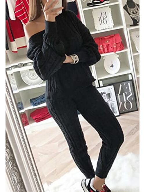 Molisry Women Cable Knitted 2 Pieces Outfits Long Sleeve Crop Top Long Pants Sweater and knitted lounge set