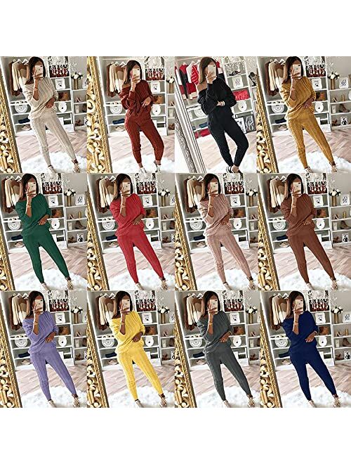 Molisry Women Cable Knitted 2 Pieces Outfits Long Sleeve Crop Top Long Pants Sweater and knitted lounge set
