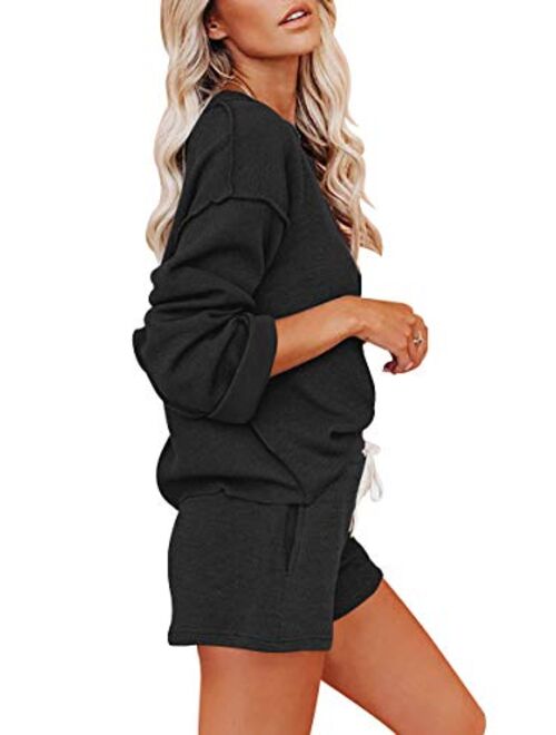 Women's Casual V Neck Long Sleeve Solid Color knitted lounge set