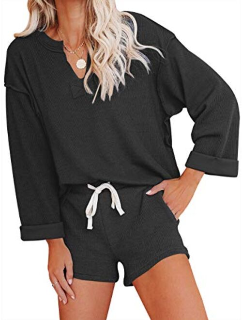 Women's Casual V Neck Long Sleeve Solid Color knitted lounge set