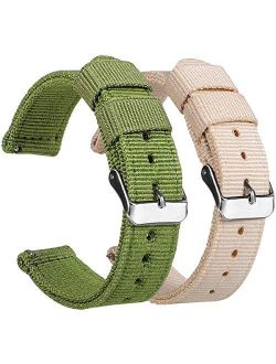 SYXLMINDC Quick Release Premium Nylon Men's and Women's Replacement Watch Straps, 2 Packs, Two Colors,Green and Beige, size18mm 20MM, 22MM