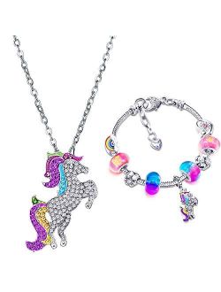 Hicarer Unicorn Sparkly Crystal Charm Bracelet Necklace Set with Greeting Card Gift Box for Girl Lady Christmas Birthday