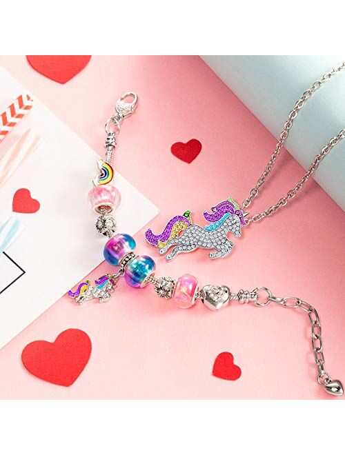 Hicarer Unicorn Sparkly Crystal Charm Bracelet Necklace Set with Greeting Card Gift Box for Girl Lady Christmas Birthday