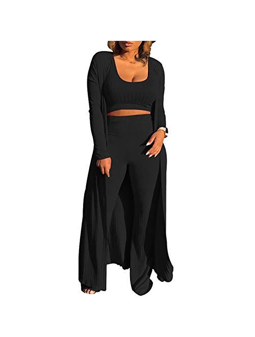 Women Sexy 3 Piece Outfits - Crop Top Long Kimono Cardigan Cover up and Bodycon knitted lounge set S XXL